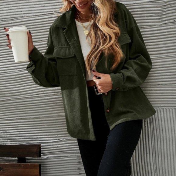 Casual Button up Corduroy Oversized Jacket Shacket Green - Picture 4 of 6